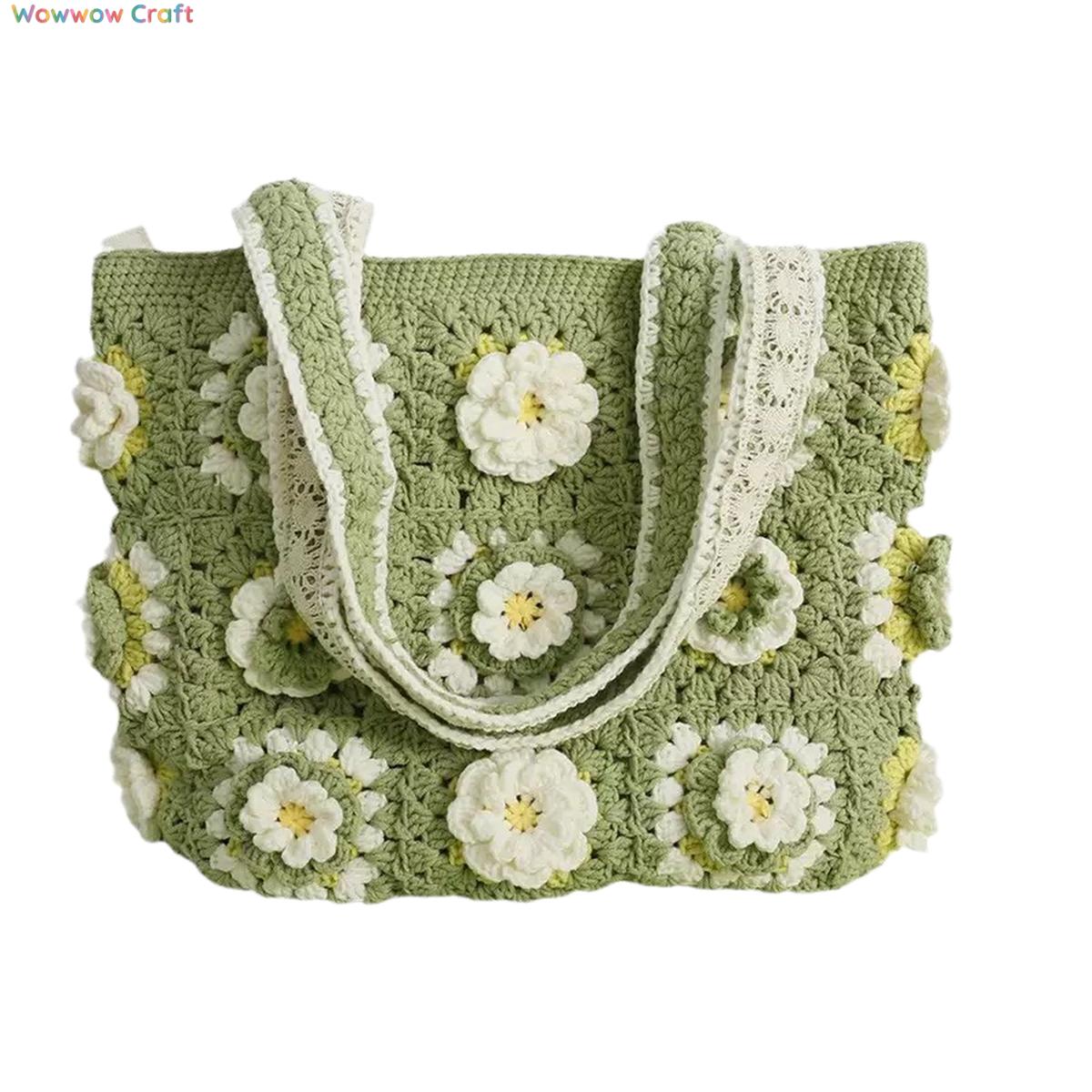 Shoulder Bags,Totes,Handmade Crochet Bags,Matcha Colored Flower Slices Granny Square Tote crocheted with Snow Fairy Yarn - High quality handmade crocheted shoulder bag